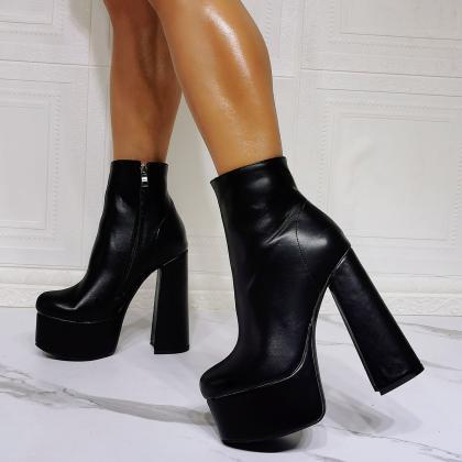Side Zipper Black Women Platform Ankle Boots