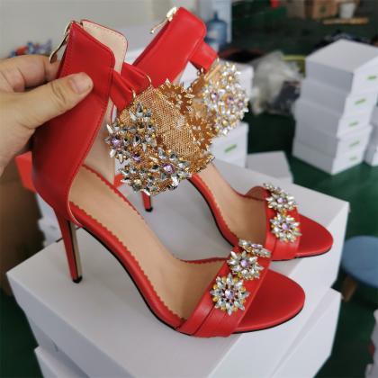 Jewels Decor Ankle Strap Red Sandal Heels