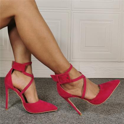 Red Faux Suede Stiletto Heels Shoes