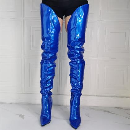 Royal Blue Women Leather Knee High Boots