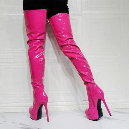 Fuchsia Side Zipper Women Knee Length Booties