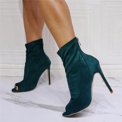 Dark Green Peep Toe Stiletto Heels Ankle Boots