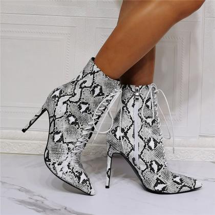 Lace Up Front Snakeskin Ankle Boots