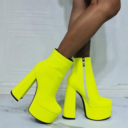 Side Zipper Yellow Platform Ankle Boots