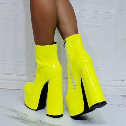 Side Zipper Yellow Platform Ankle Boots
