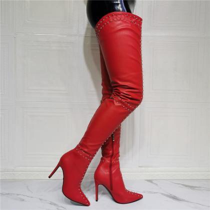 bright red knee high boots