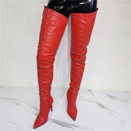Stud Decor Red Knee High Boots Women