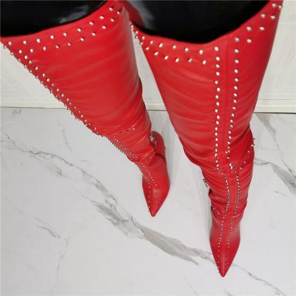 Stud Decor Red Knee High Boots Women