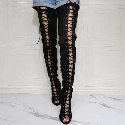 suede lace up knee high boots