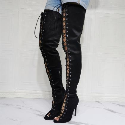 Lace Up Black Suede Knee High Boots