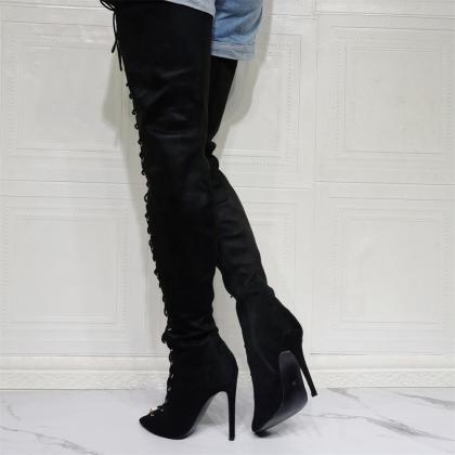 Lace Up Black Suede Knee High Boots