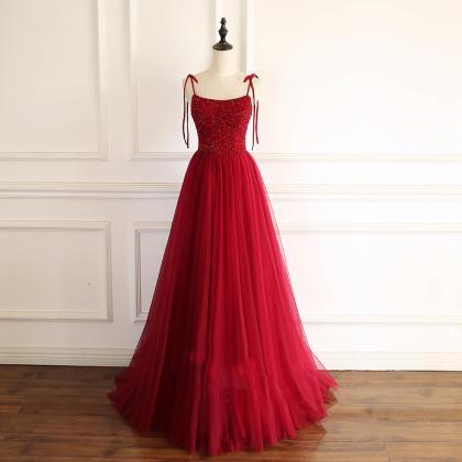 Scoop Neck Red Long Formal Occasion Dress Tulle..
