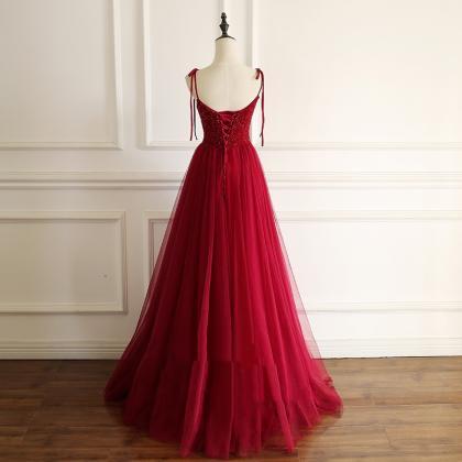 Scoop Neck Red Long Formal Occasion Dress Tulle..