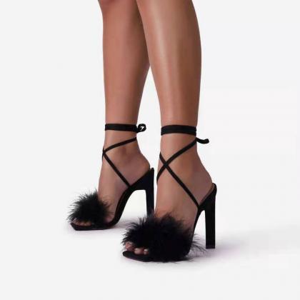Fluffy Square Toe Thong Sandal Heels Summer Shoes..