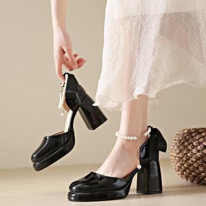 Faux Pearl Ankle Strap Women Chunky Heels Sandals