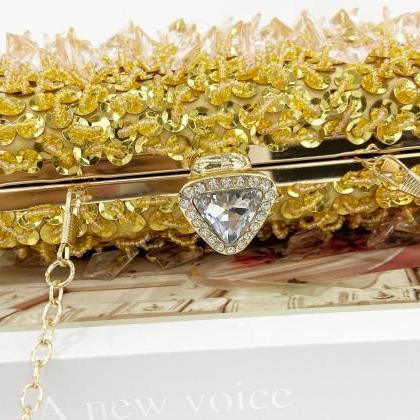 Luxurious Golden Sequin And Crystal Evening Clutch