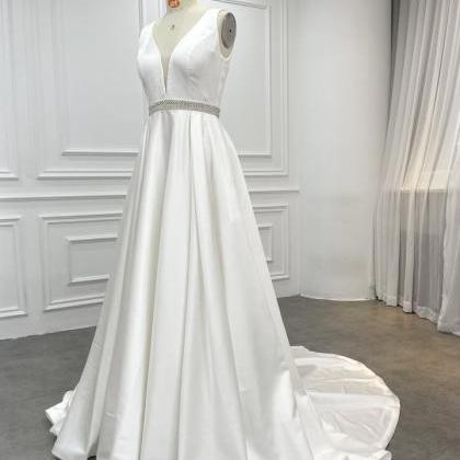 Plunging Neck Satin Bridal Dress Custom Made