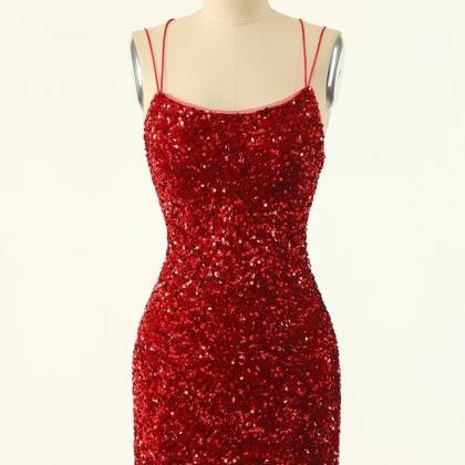 Red Sequin Sheath Cocktail Dress Short