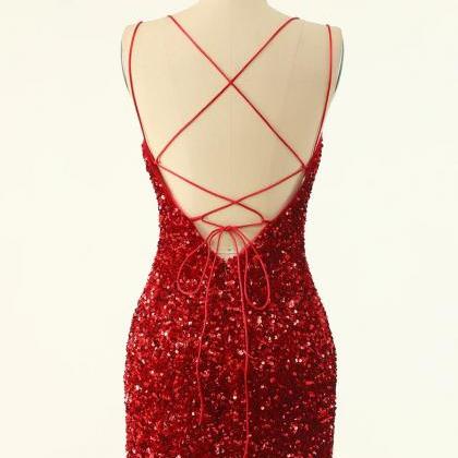 Red Sequin Sheath Cocktail Dress Short