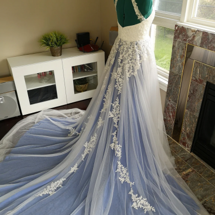 High Neck Blue White Wedding Engagement Dress