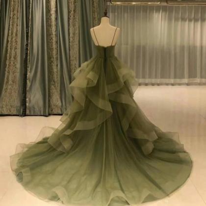 Spaghetti Straps Green Evening Gown Pageant Dress