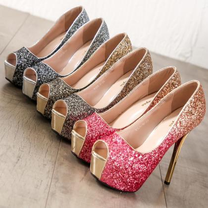 Peep Toe Glitter Women Platform High Heels Shoes