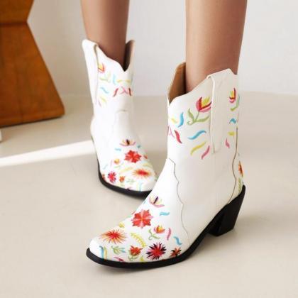 Emboidery Women White Ankle Boots