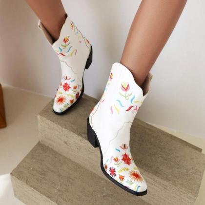 Emboidery Women White Ankle Boots