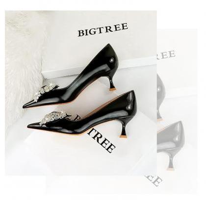 Women Kitten Heels Shoes With Crystaled Bow