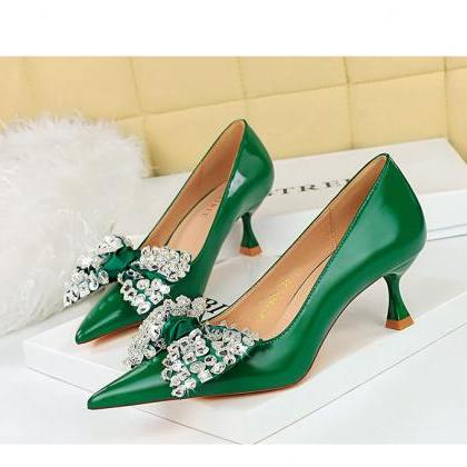 Women Kitten Heels Shoes With Crystaled Bow