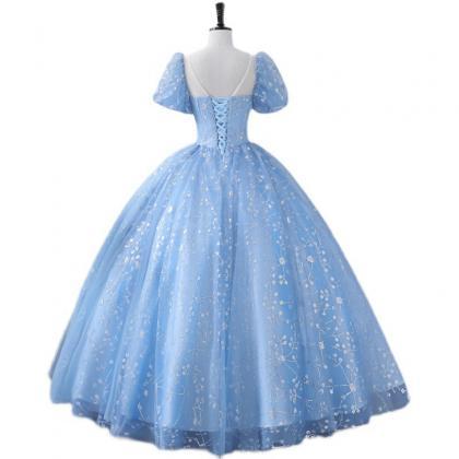 Latern Sleeves Sheer Neck Blue Ball Gown Princess..
