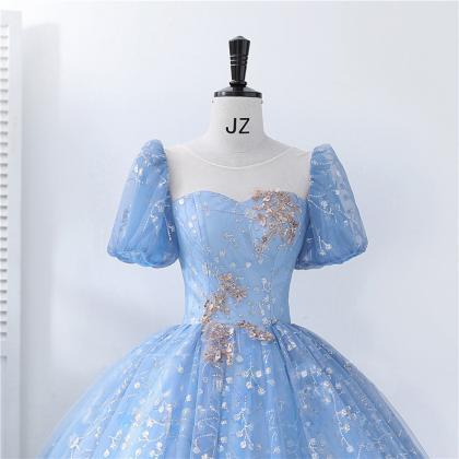 Latern Sleeves Sheer Neck Blue Ball Gown Princess..