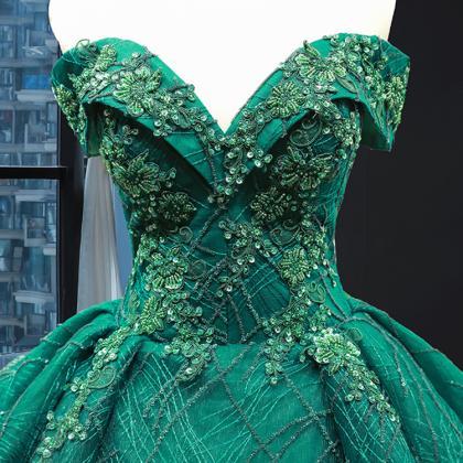 Off Shoulder Glitter Green Pageant Dress Evening..