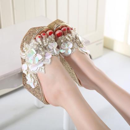 Pearls Flowers Decor Women Summer Wedge Shoes