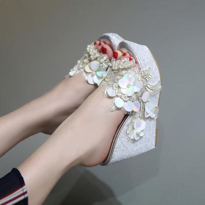 Pearls Flowers Decor Women Summer Wedge Shoes