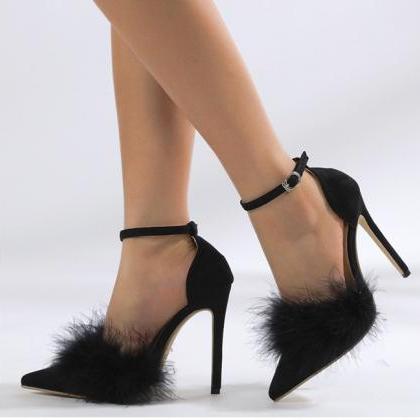 Feather Decor Ankle Strap Women Sandals Heels..