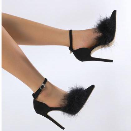Feather Decor Ankle Strap Women Sandals Heels..