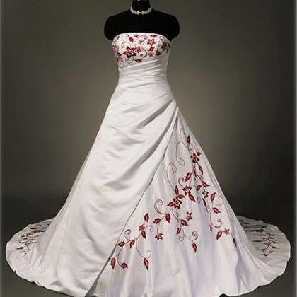 Strapless Ivory Satin Wedding Dress With Red..