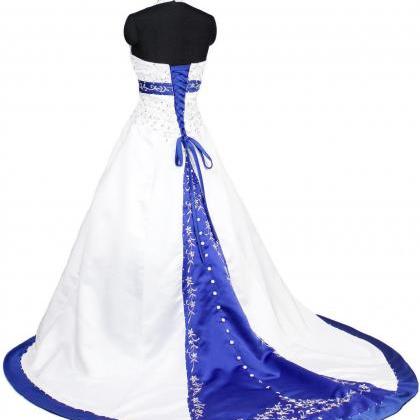 Halter White Royal Blue Embroidered Wedding Dress..