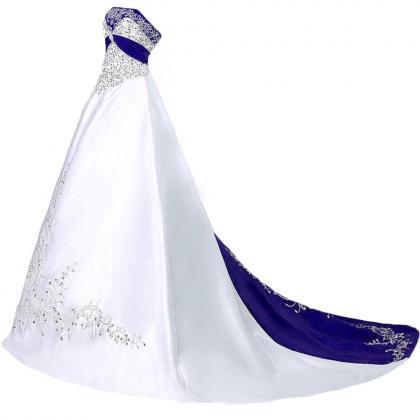 Sleeveless White Royal Blue Embroidered Wedding..