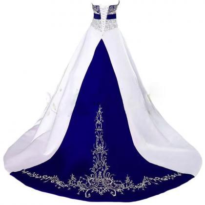 Sleeveless White Royal Blue Embroidered Wedding..