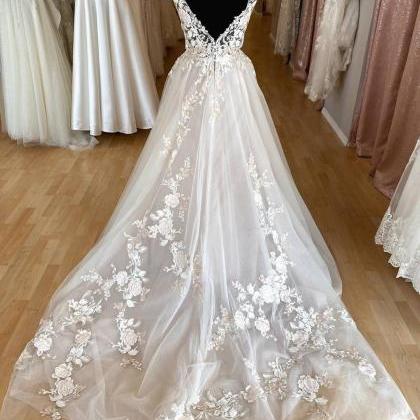 V Neck Sheer Bodice Designer Wedding Dress