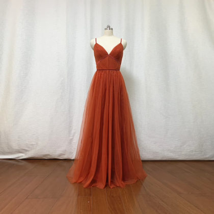 Burnt Orange Floor Length Long Tulle Formal Dress