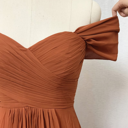 Burnt Orange Off Shoulder Long Chiffon Dress..