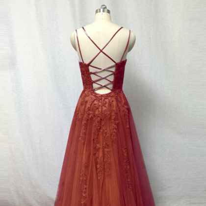Burnt Orange Tulle Long Prom Dress With Lace..