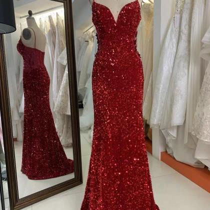 Spaghetti Straps Red Sequin Pageant Dress Evening..