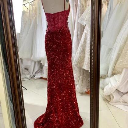 Spaghetti Straps Red Sequin Pageant Dress Evening..