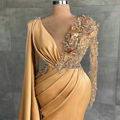 Champagne Gold Long Pageant Dress With Beads