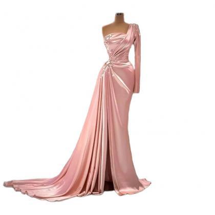One Shoulder Pink Pageant Dress With Slit