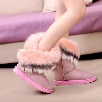 Women Pink Faux Fur Winter Boots